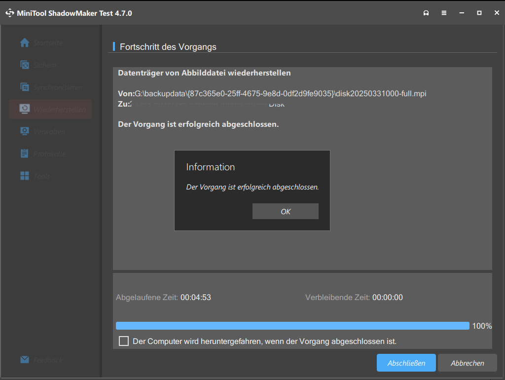 Die Systemwiederherstellung ist erfolgreich abgeschlossen