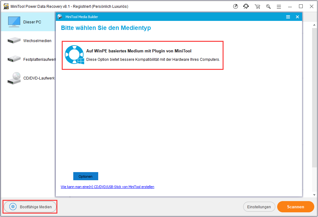 Auf WinPE basiertes Medium mit Plugin von MiniTool