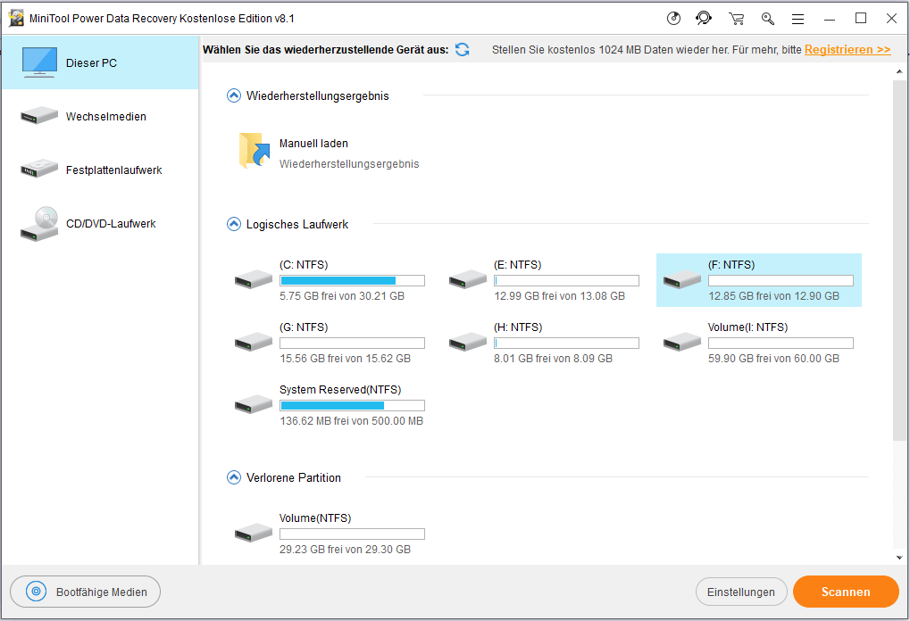 Das Hauptfenster von MiniTool Power Data Recovery