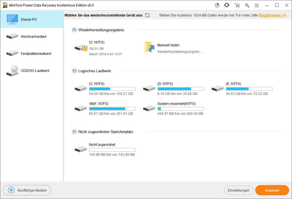 Schnittstelle von MiniTool Power Data Recovery