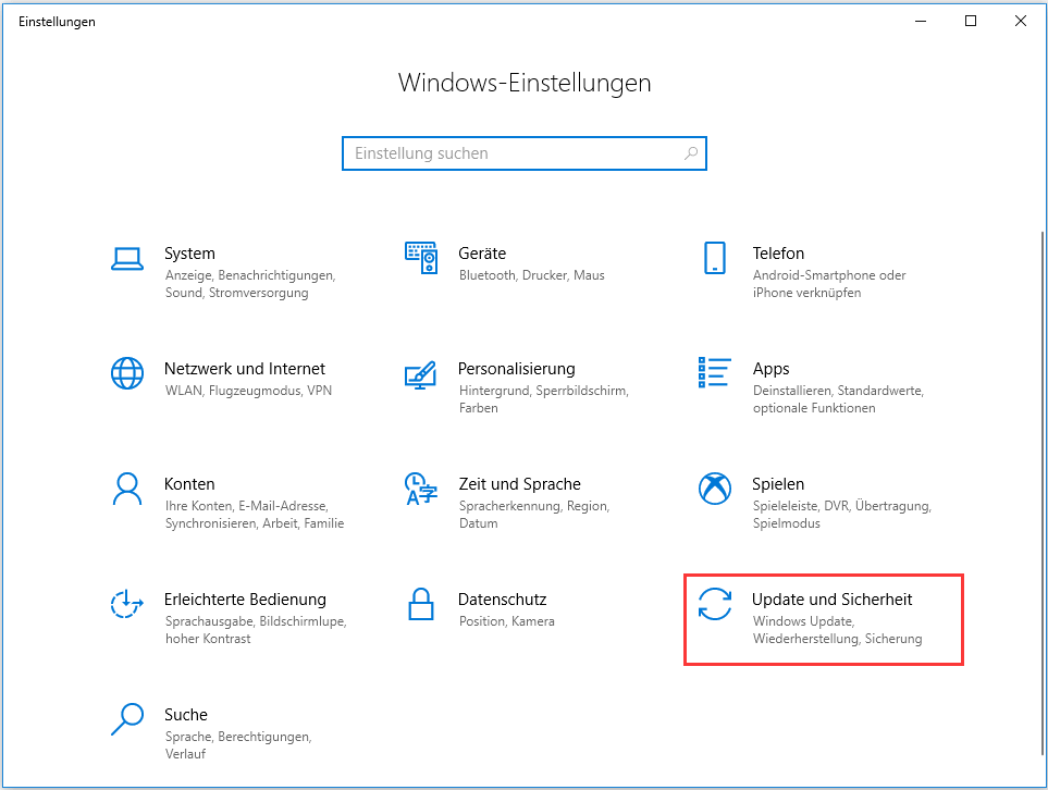 Update und Sicherheit aufrufen