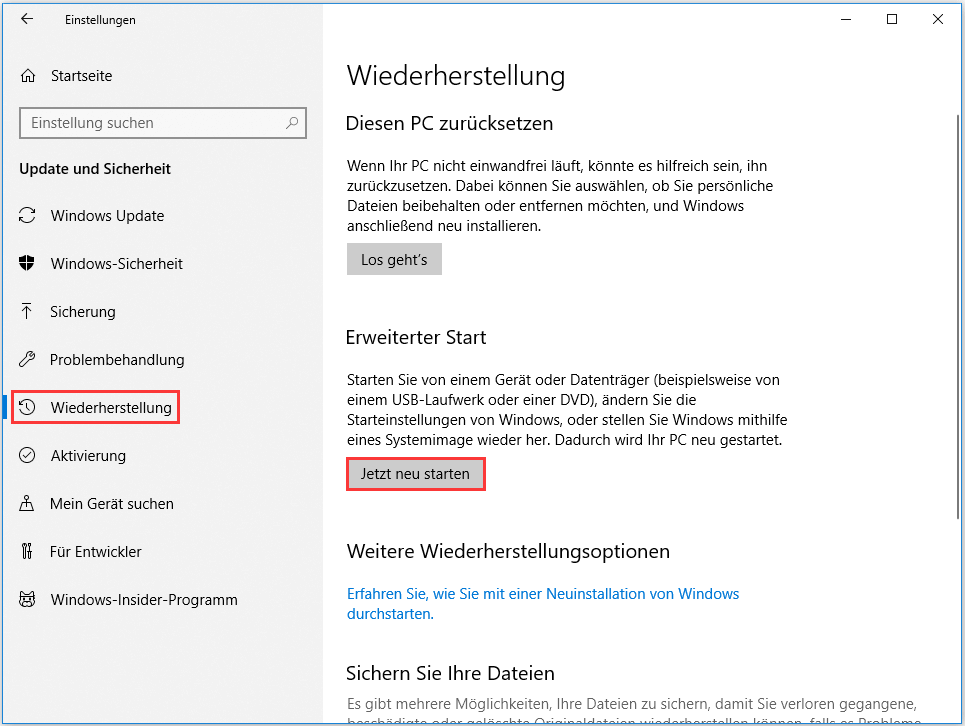 Unter Wiederherstellung auf Jetzt neu starten klicken