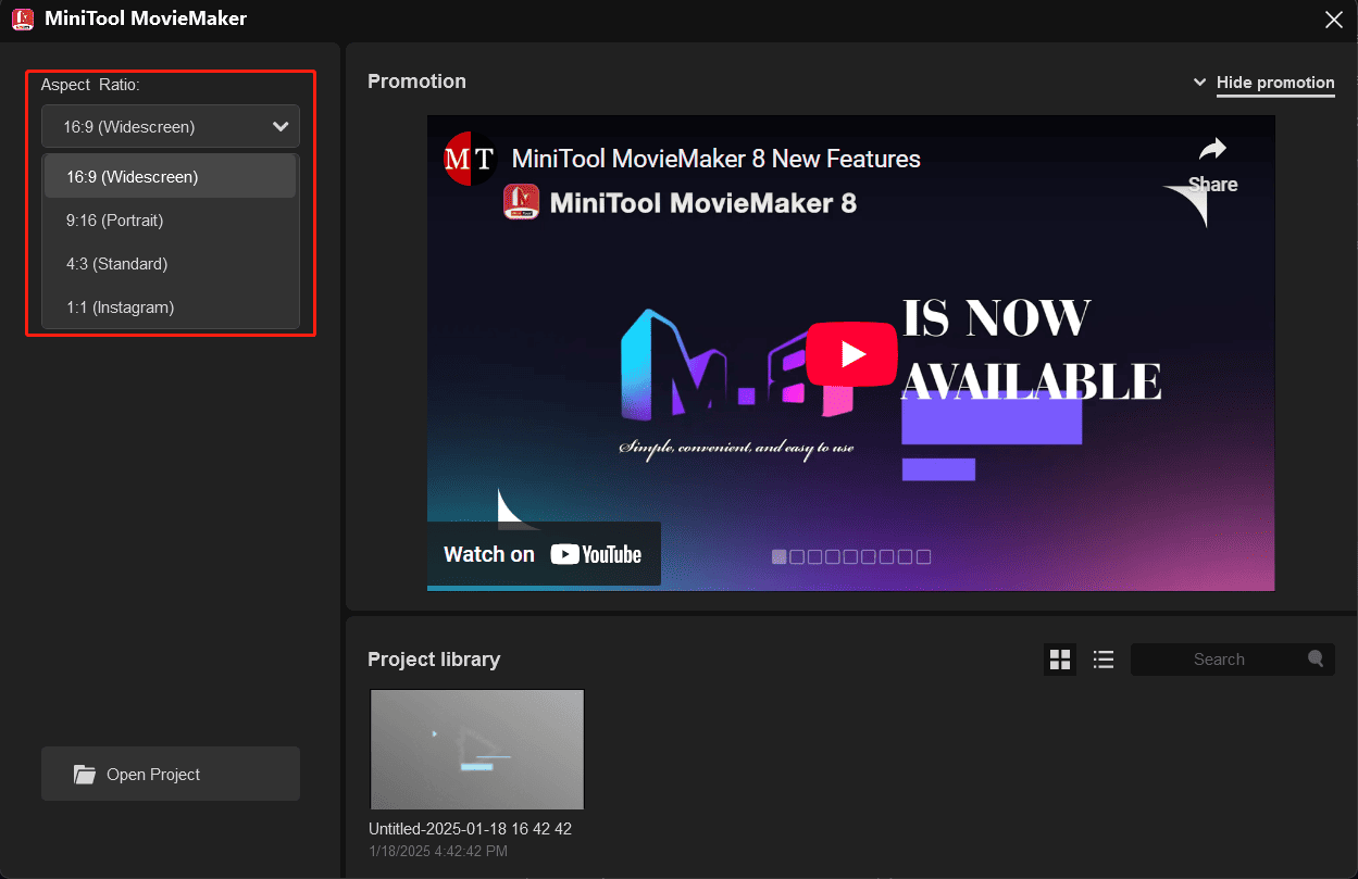 Escolha uma proporção antes de editar no MiniTool MovieMaker