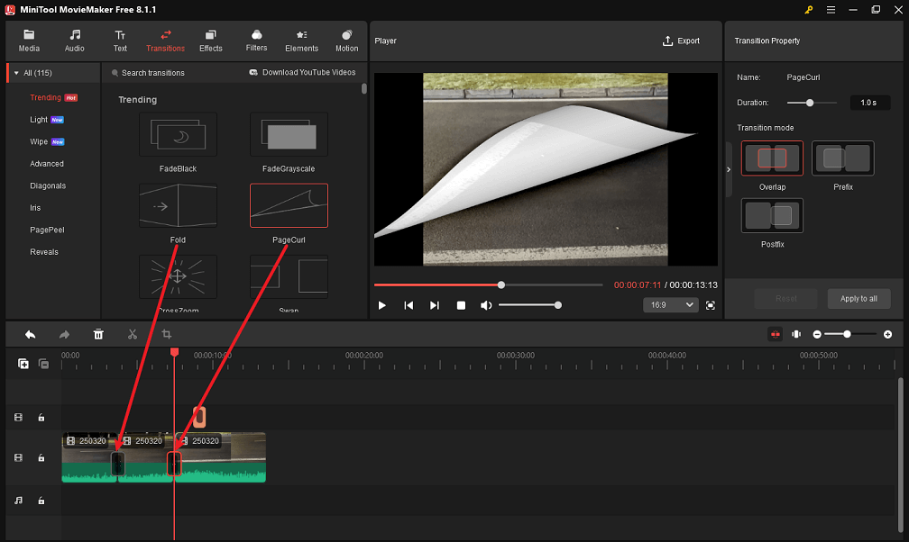 Übergänge zwischen Szenen in MiniTool MovieMaker hinzufügen