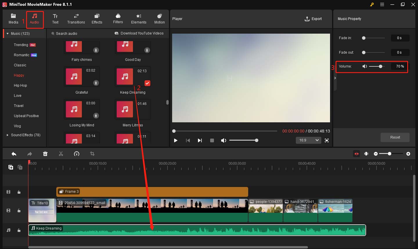 Add background music and adjust its volume in MiniTool MovieMaker