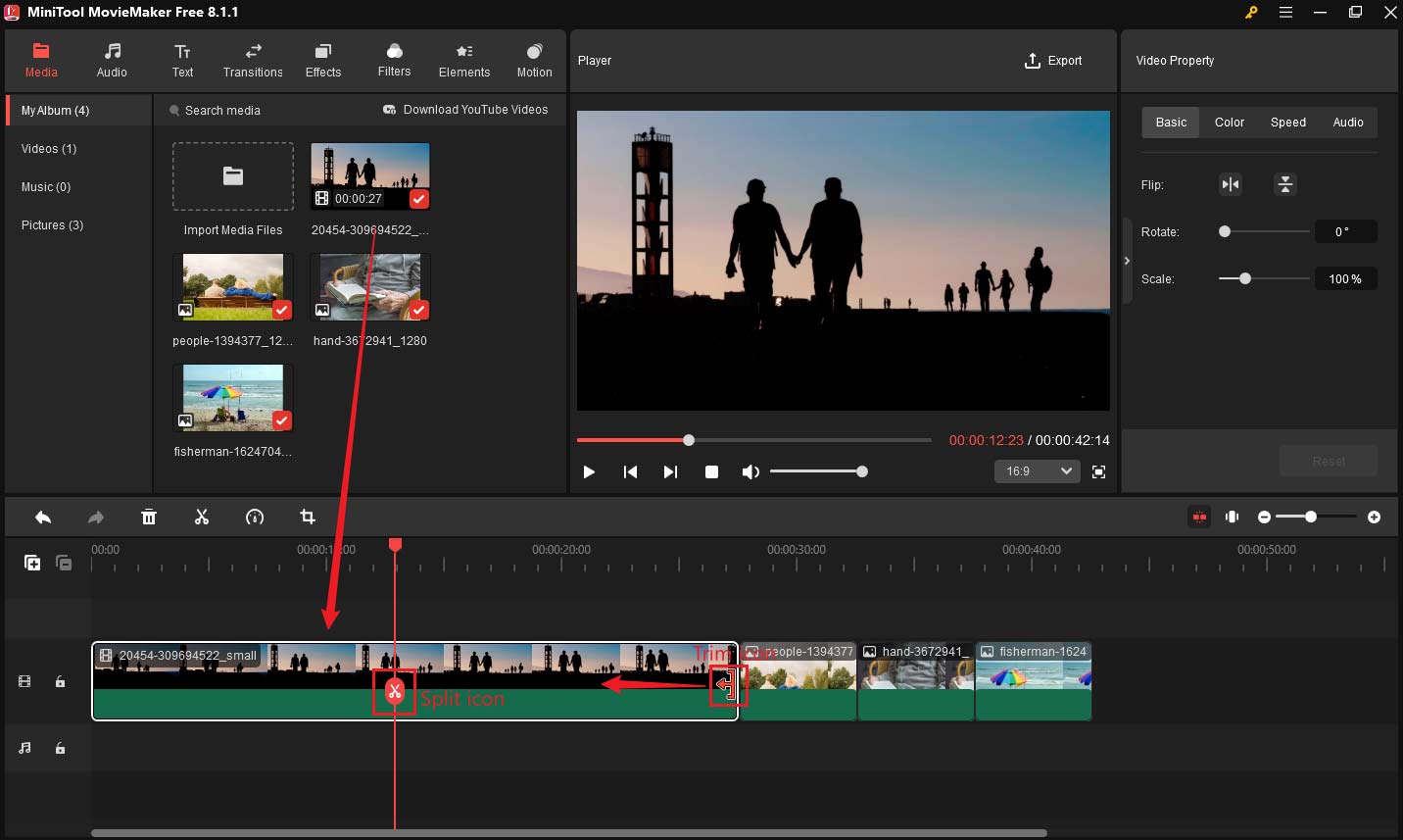 Drag the video to the timeline, split and trim video in MiniTool MovieMaker