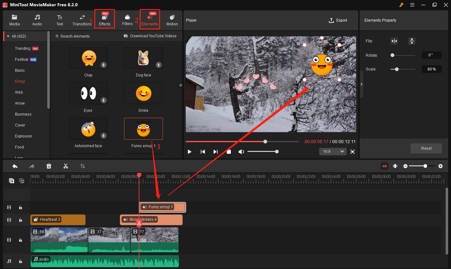 Add effects and elements to video in MiniTool MovieMaker