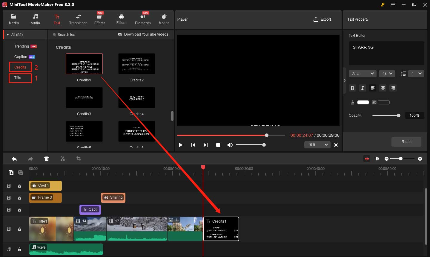 Add title and credits to the video in MiniTool MovieMaker
