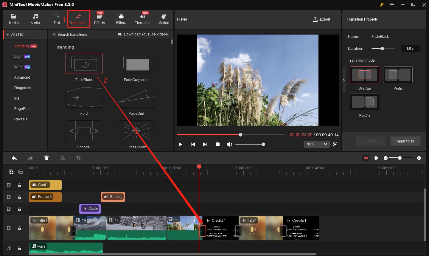 Add transitions to titles and credits in MiniTool MovieMaker