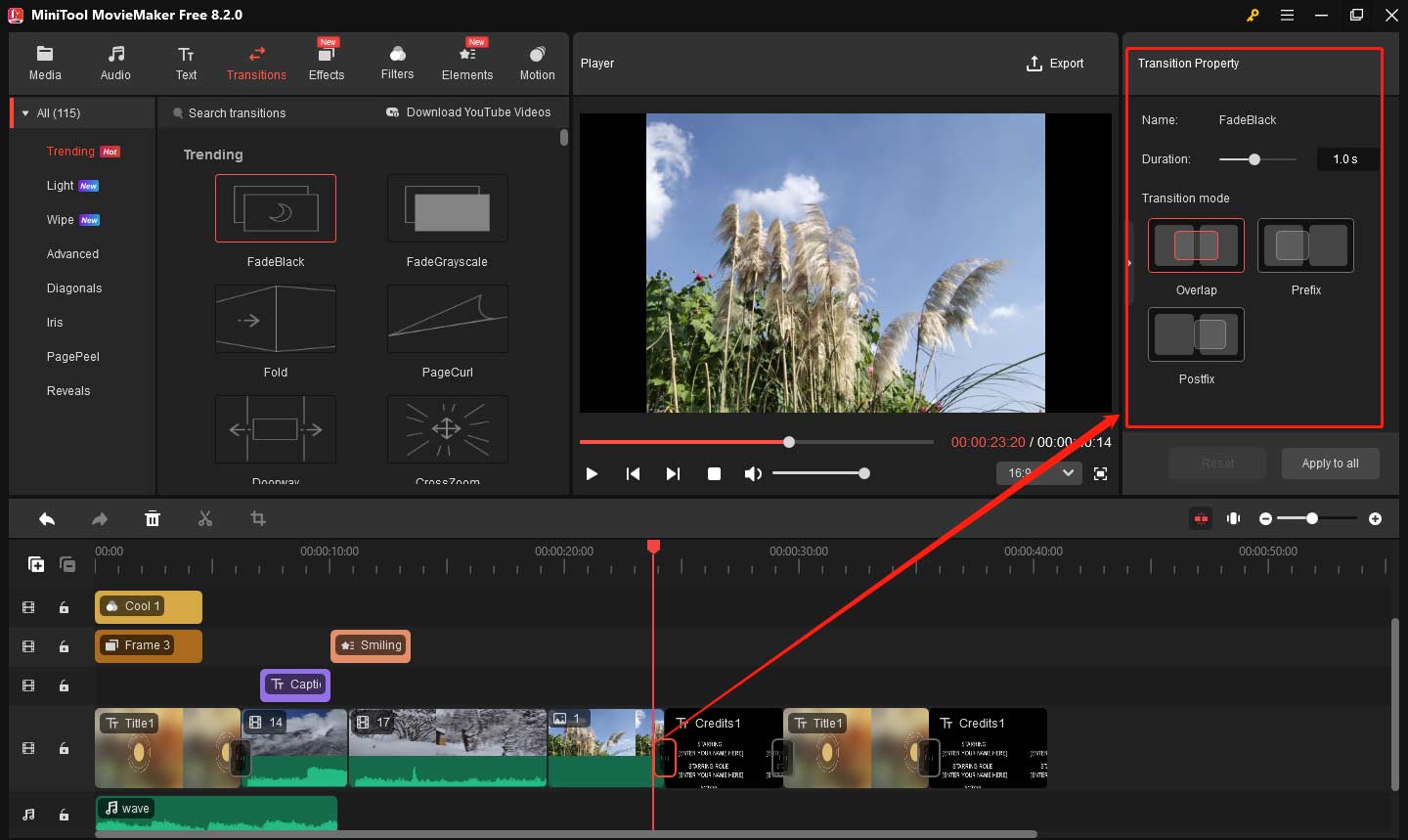 Adjust the transition property in MiniTool MovieMaker