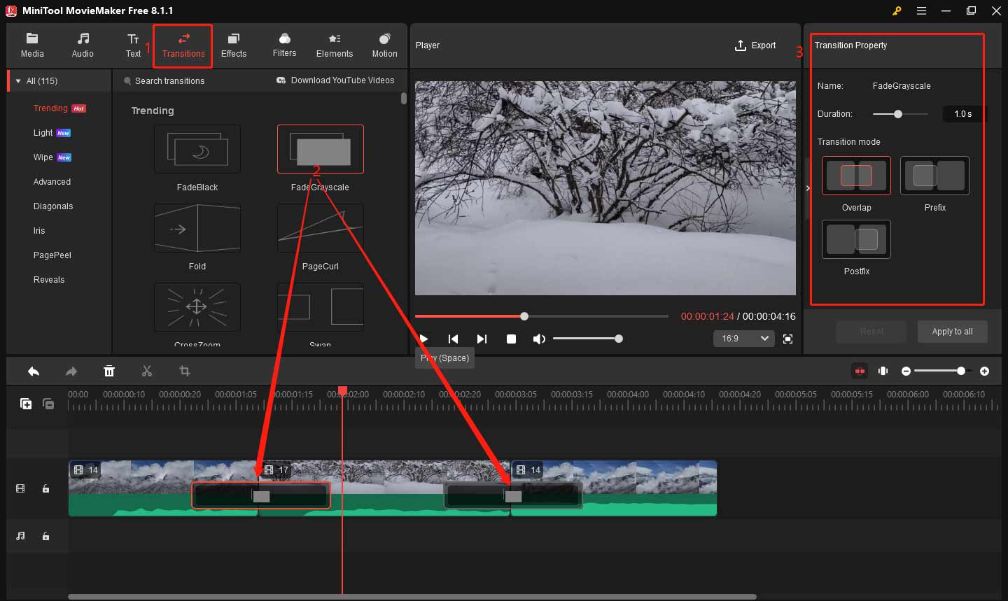 Hinzufügen von Übergängen zu einem Video für sanfte Übergänge in MiniTool MovieMaker