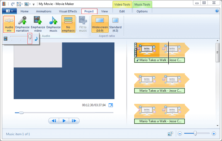 Die Funktion Audio Mix von Windows Movie Maker