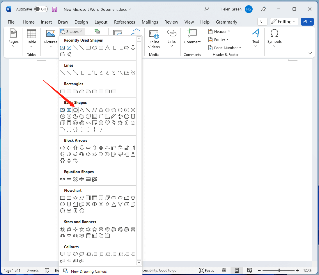insert an oval shape in Word