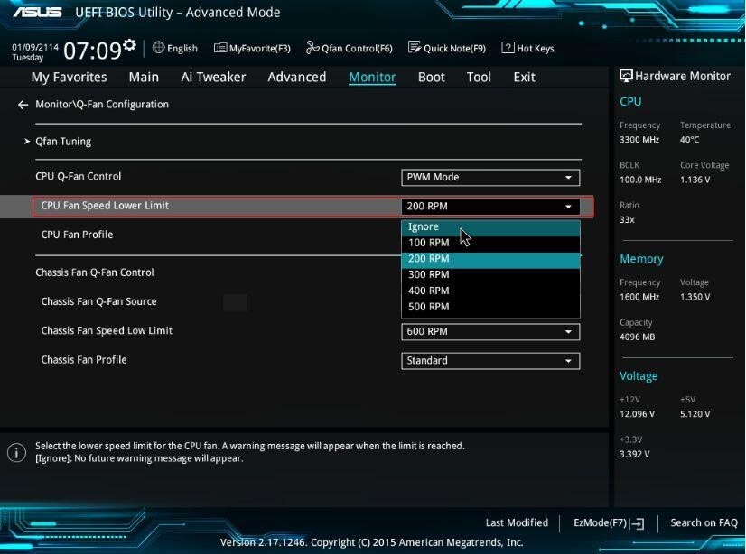 set the CPU Fan Speed Lower Limit to Ignore