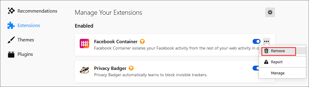 remove extensions in Firefox