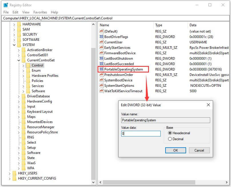 Change PortableOperatingSystem Value to 0