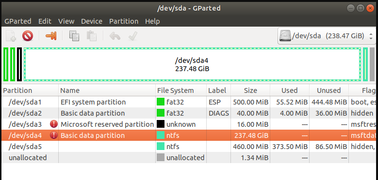 GPartedには感嘆符のアイコンが付け