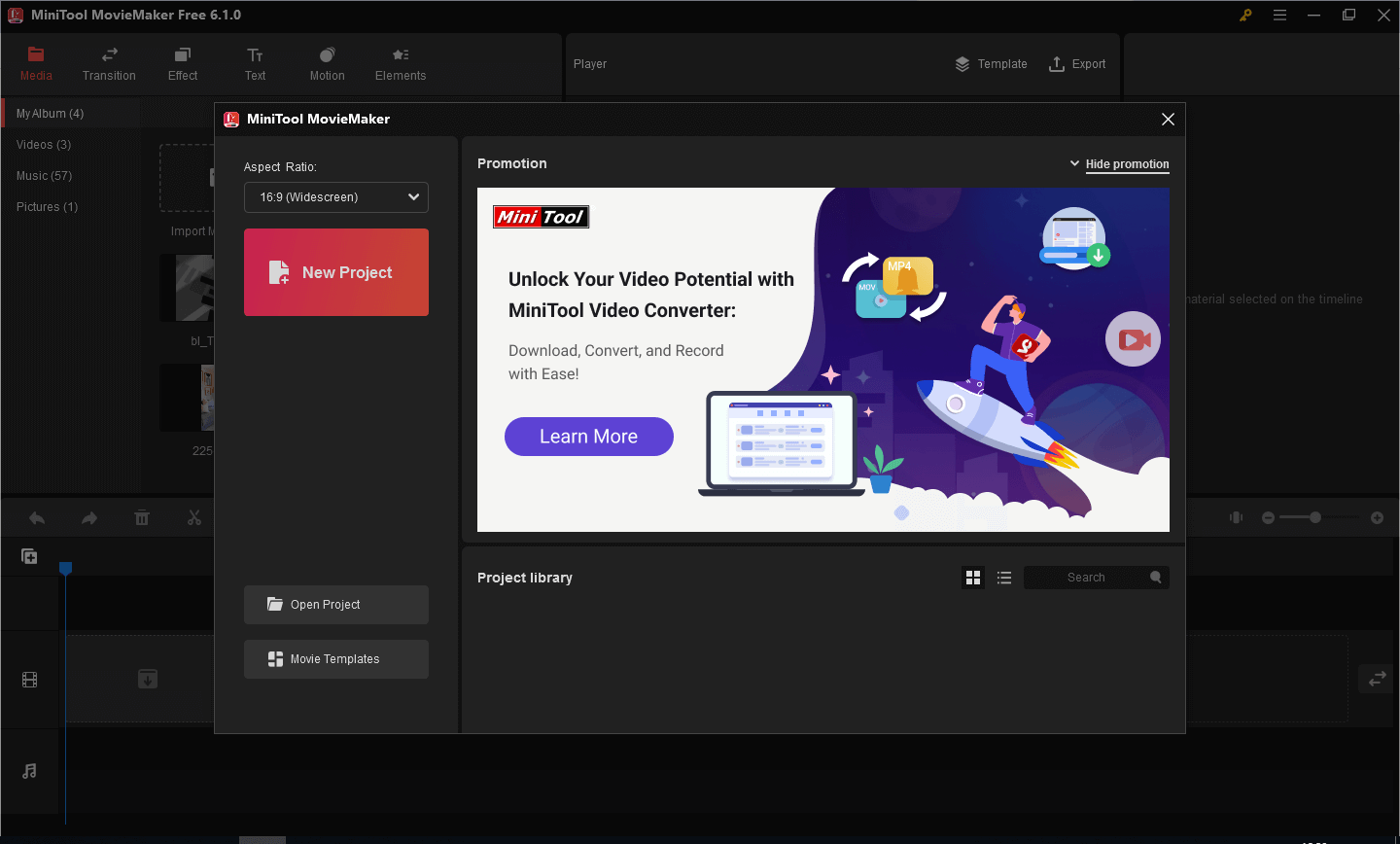MiniTool MovieMakerのウェルカムウィンドウ