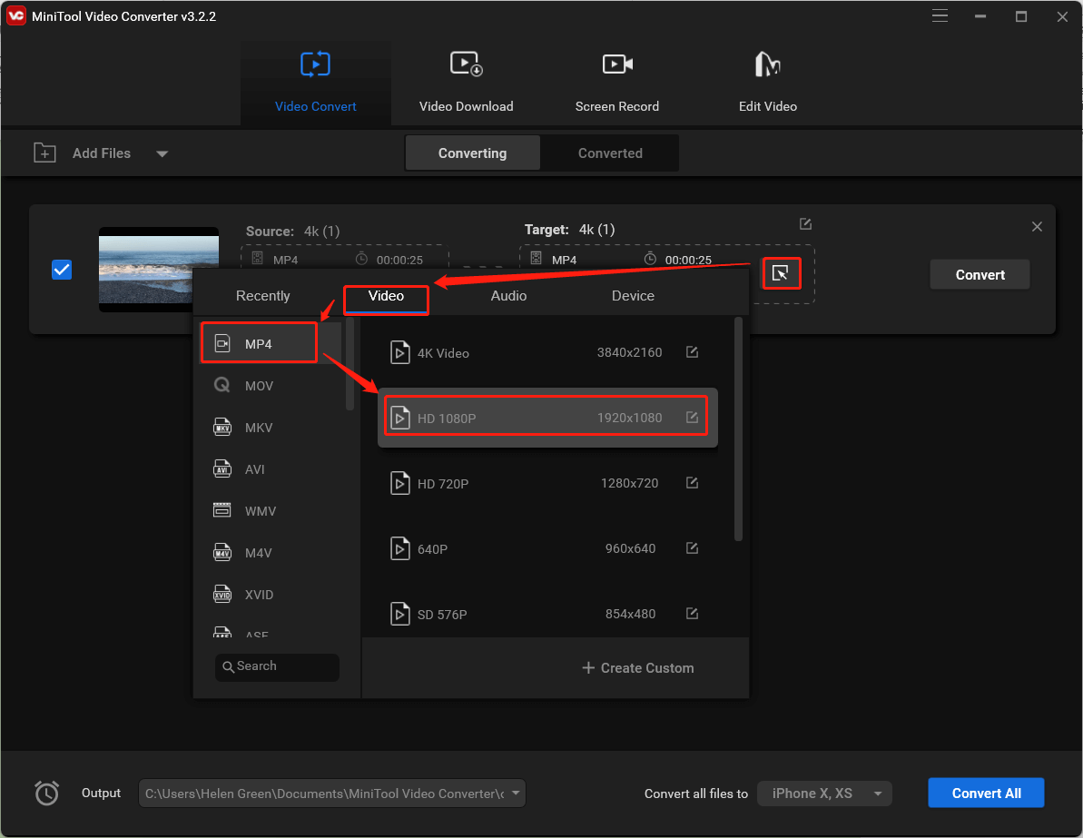 select target video resolution