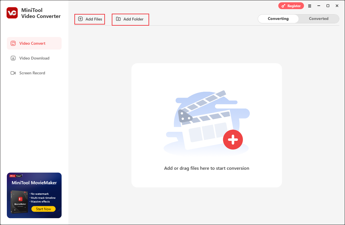 Click the Add Files option or the Add Folder option to import target MKV files into MiniTool Video Converter