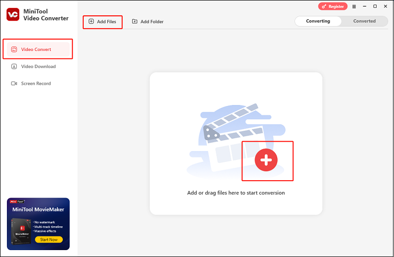 Click the Add Files button to import the target HEVC video in MiniTool Video Converter for format conversion