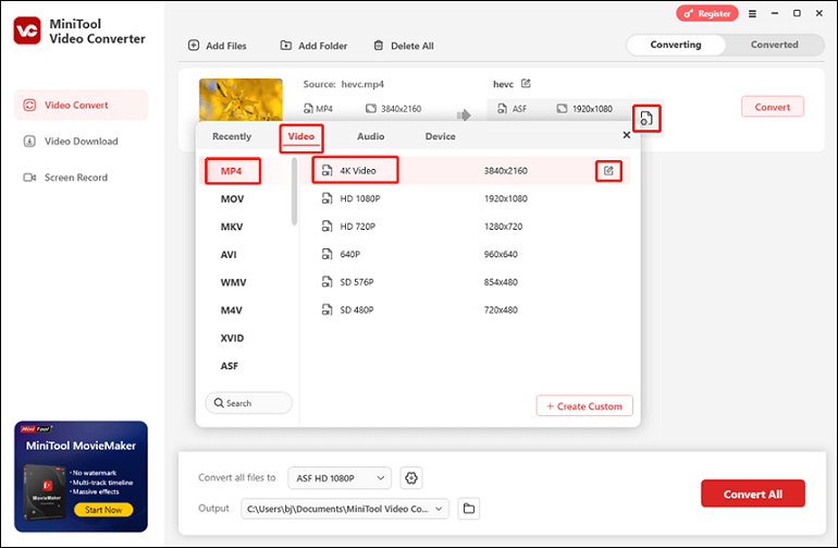 Select MP4 as the output format in MiniTool Video Converter for format conversion