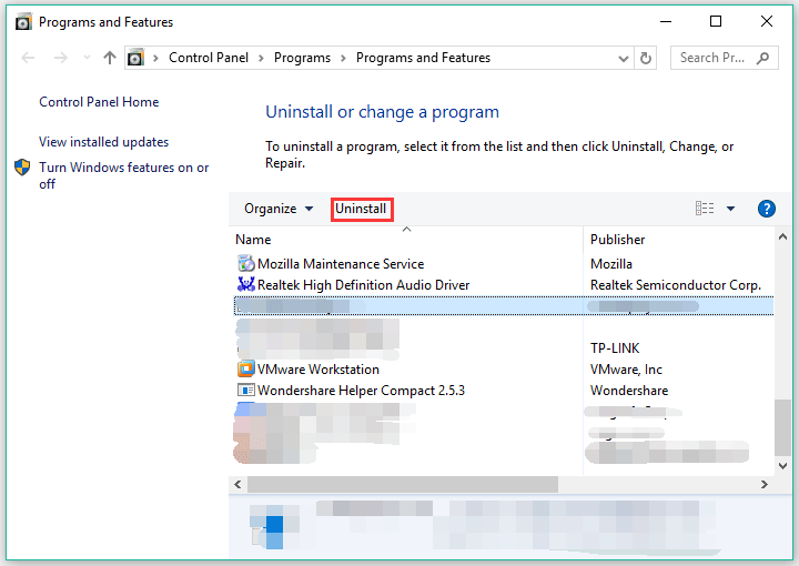 click Uninstall