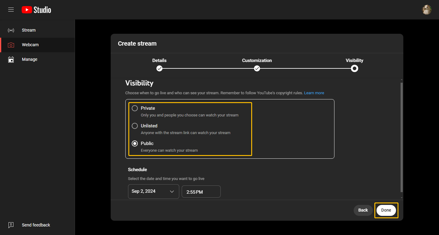 Choose Visibility of Stream