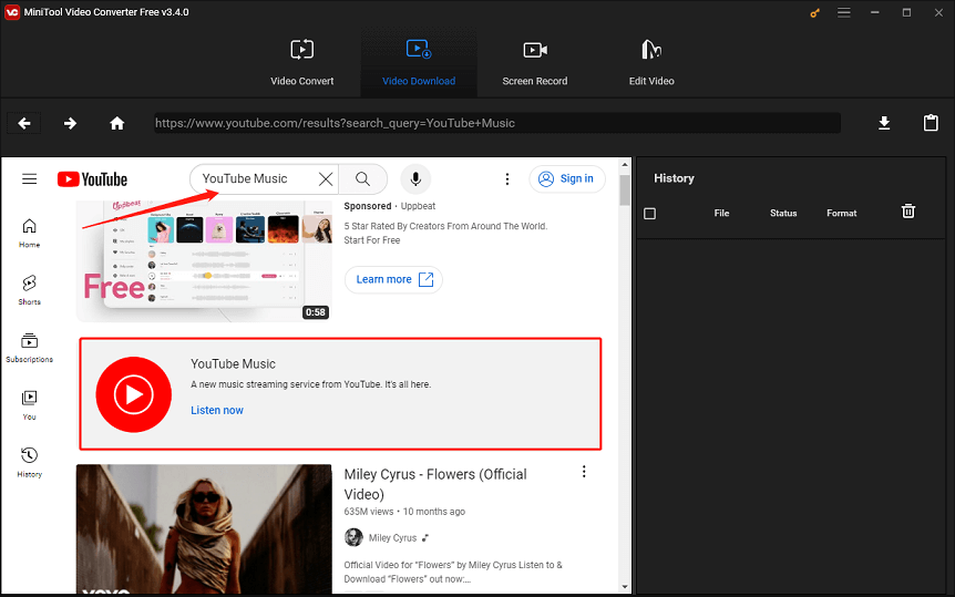Busca YouTube Music y haz clic en Escuchar ahora