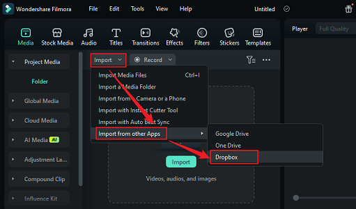 Expand the Import menu, click on Import from other Apps, and select Dropbox to import YouTube music from Dropbox to Filmora directly