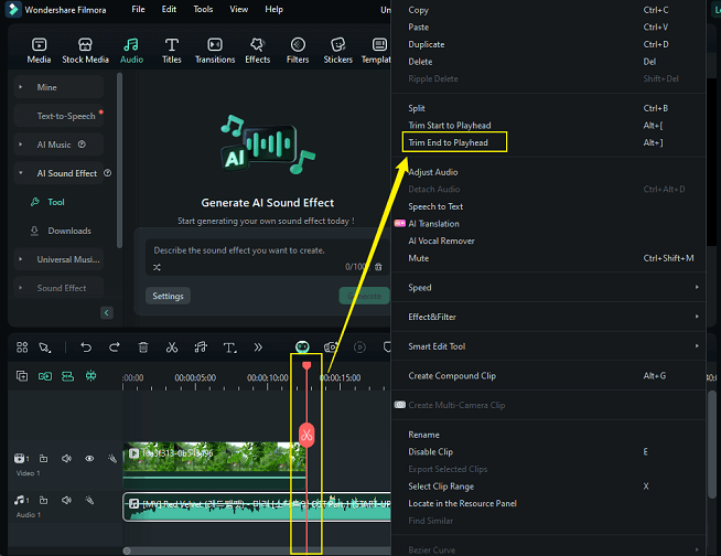 Drag the playhead to the end of the video clip and choose Trim end to playhead to trim the music in Filmora