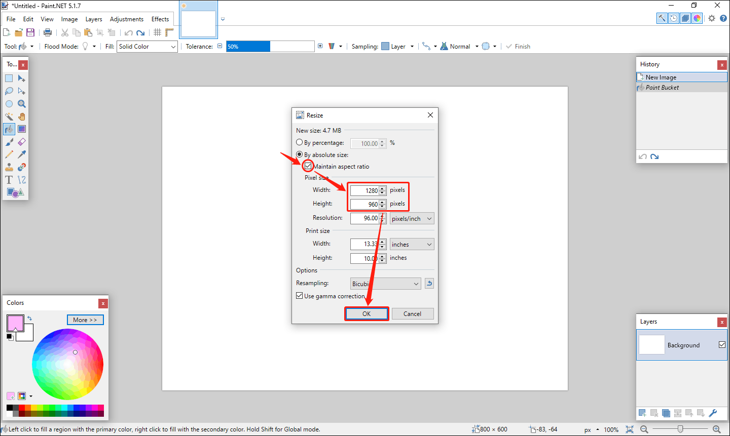 In the Resize tab, uncheck Maintain aspect ratio, set Width and Height, and click OK