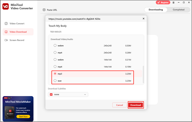 Choose an Icecream-supported audio format and click on Download to start downloading the music in MiniTool Video Converter
