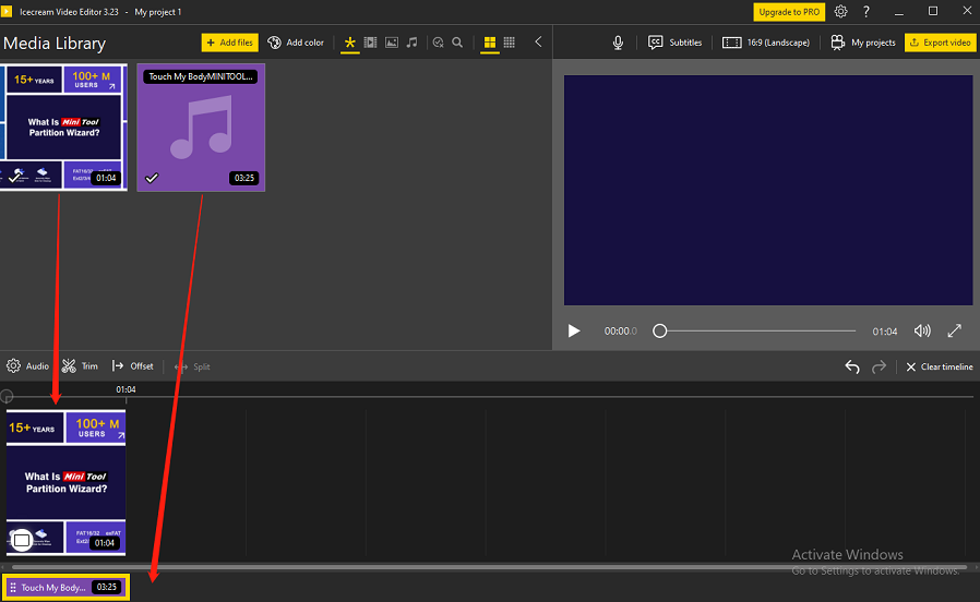 Import all your files by clicking the + Add files and dragging and dropping them to the timeline for editing in Icecream Video Editor