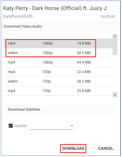 select a video format and click the DOWNLOAD option
