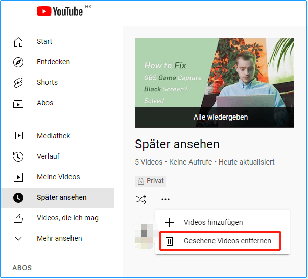 Klicken Sie auf Gesehene Videos entfernen