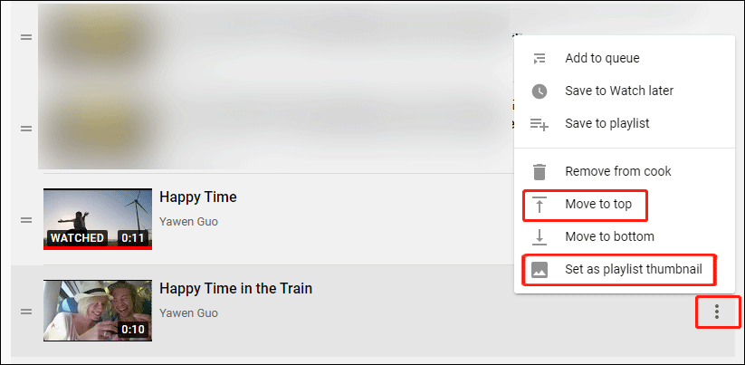 mover o vídeo de destino para o topo em uma lista de reprodução